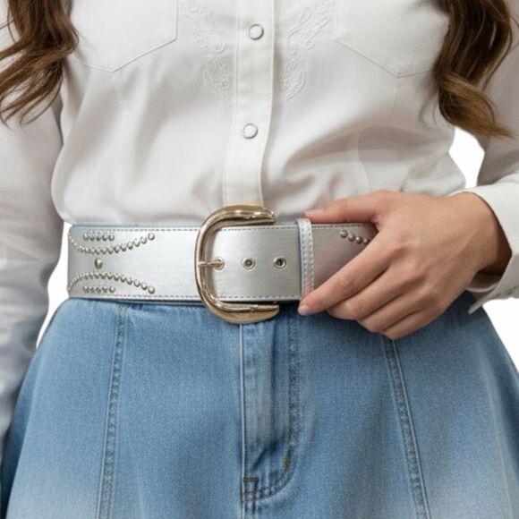 Wide Silver Studded Oversized Buckle Statement Belt NWT main image 4